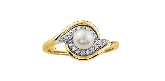 Bague perle et diamants 10K deux tons